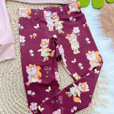 Conj. Casaco Raposinha no Jardim e Calça Legging - Rose e Bordô